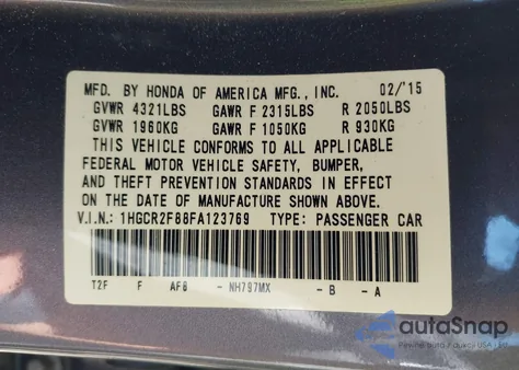 2015 Honda Accord Ex-L z USA, uszkodzony, nr VIN 1HGCR2F88FA123769